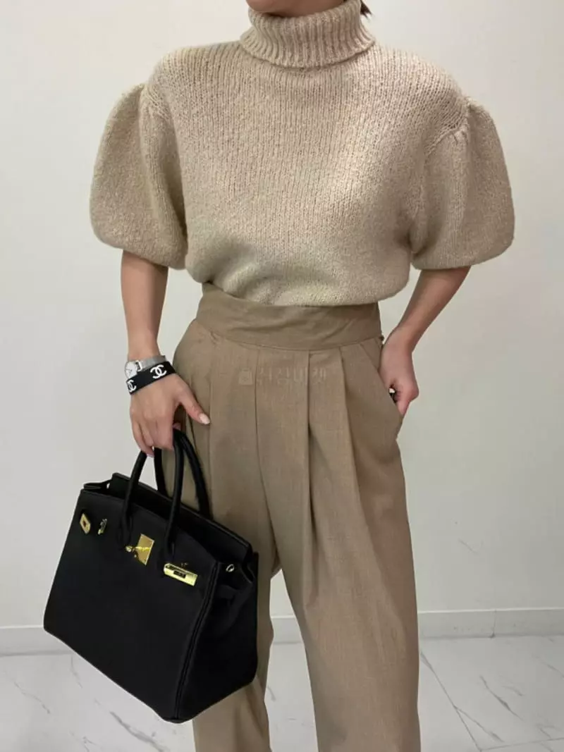 Auver_Fit - Korean Women Fashion - #womensfashion - Turtleneck Puff Short Sleeves Knit Tee - 4