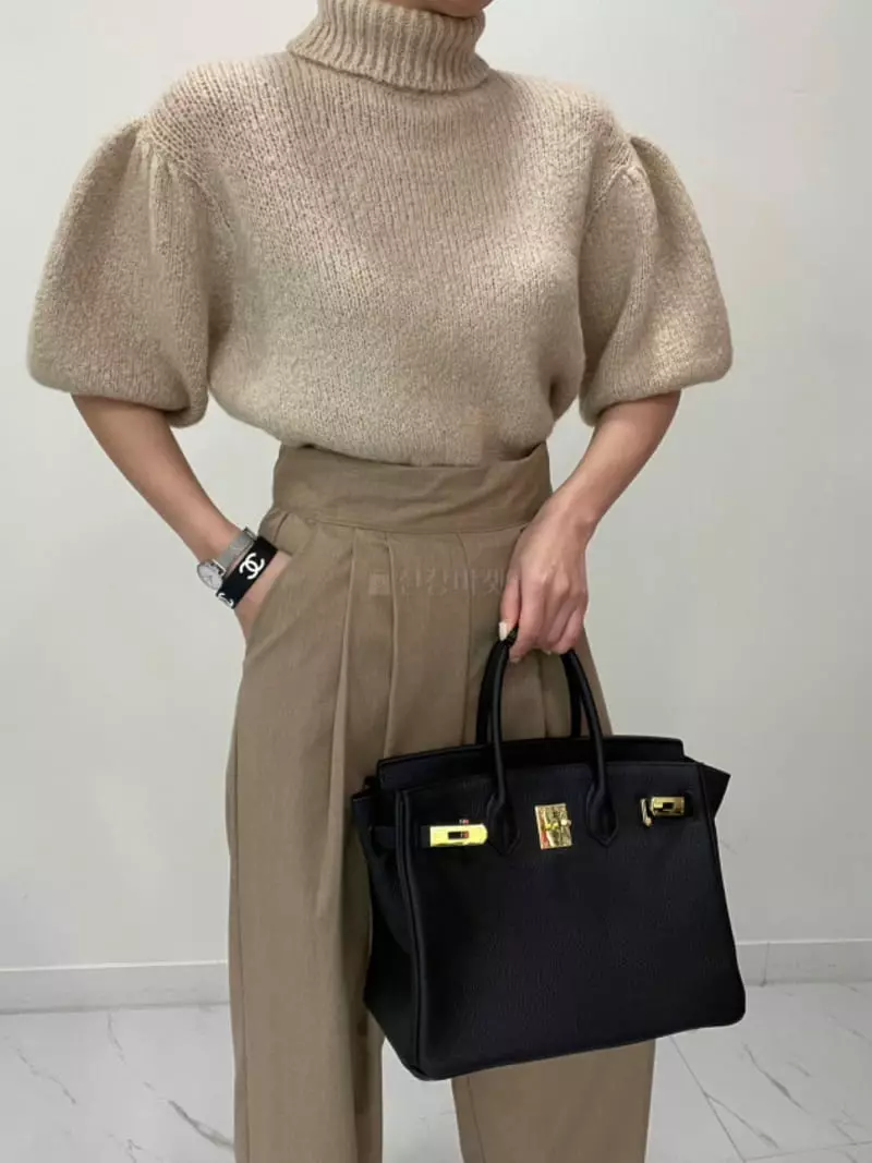 Auver_Fit - Korean Women Fashion - #momslook - Turtleneck Puff Short Sleeves Knit Tee - 6