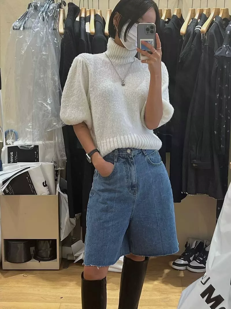 Auver_Fit - Korean Women Fashion - #momslook - Turtleneck Puff Short Sleeves Knit Tee - 8