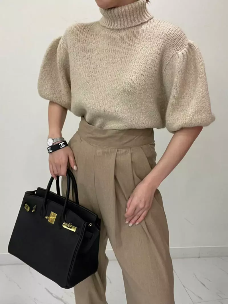 Auver_Fit - Korean Women Fashion - #womensfashion - Turtleneck Puff Short Sleeves Knit Tee - 3