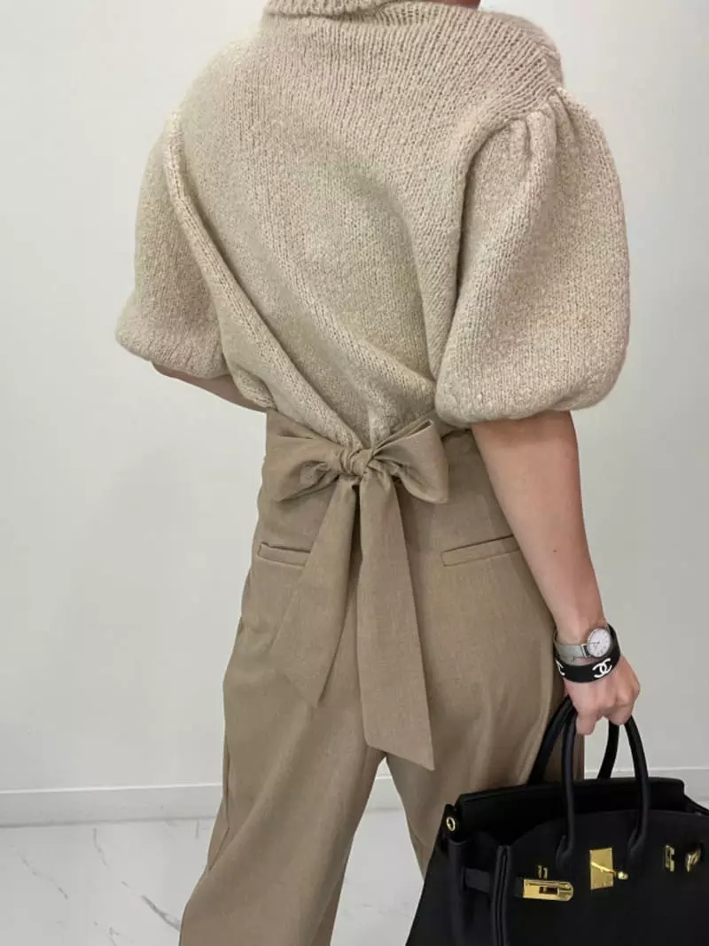 Auver_Fit - Korean Women Fashion - #womensfashion - Turtleneck Puff Short Sleeves Knit Tee - 5