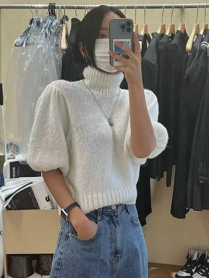 Auver_Fit - Korean Women Fashion - #womensfashion - Turtleneck Puff Short Sleeves Knit Tee - 7