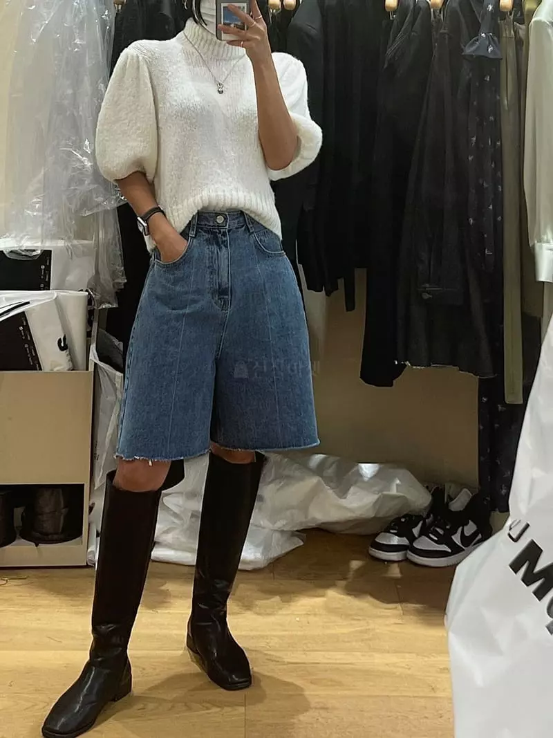Auver_Fit - Korean Women Fashion - #womensfashion - Turtleneck Puff Short Sleeves Knit Tee - 9