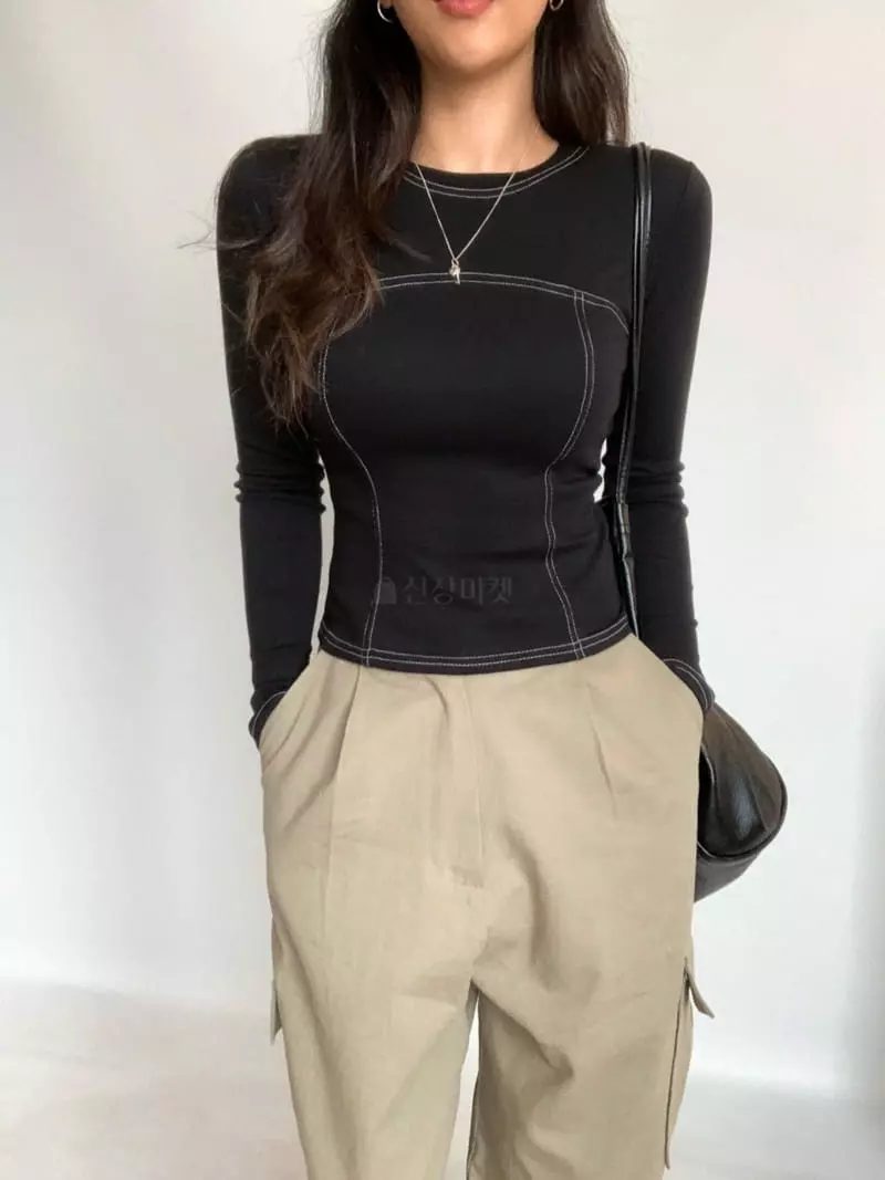 Awesome H - Korean Women Fashion - #momslook - Line Stitch Tee