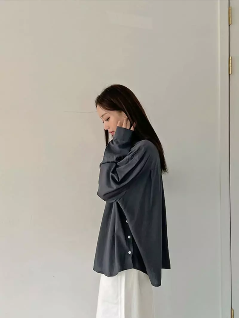Awesome H - Korean Women Fashion - #restrostyle - Silky Slit Shirt - 6