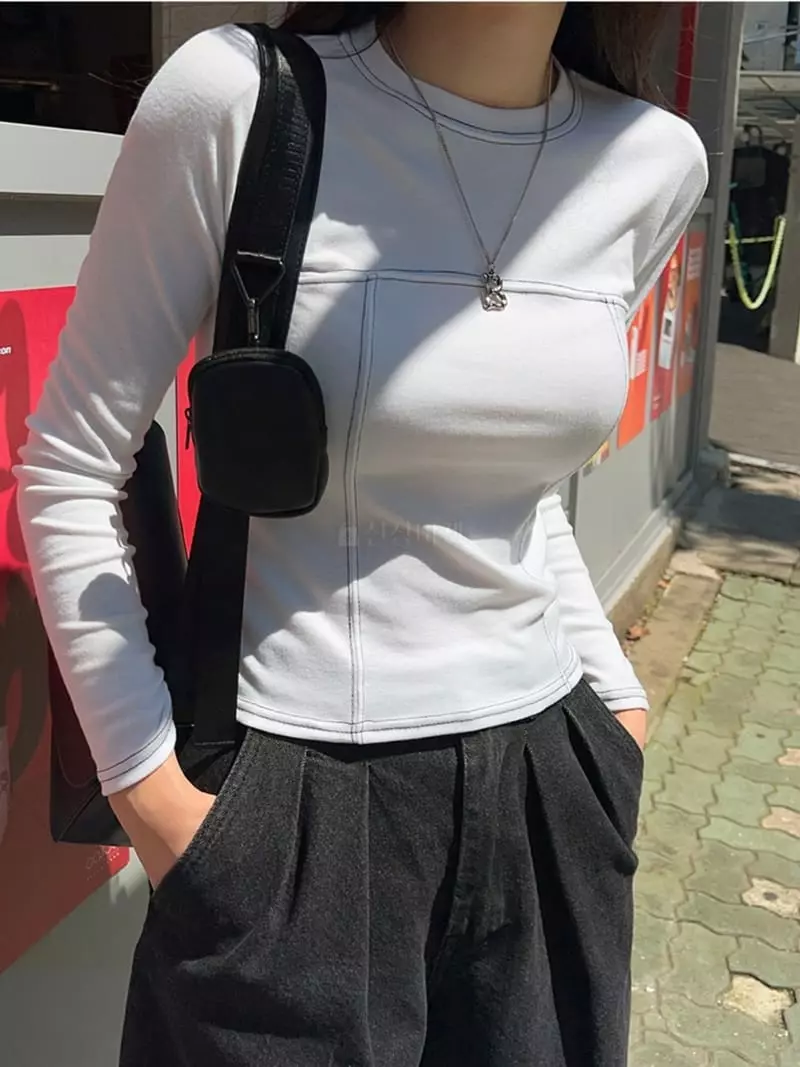 Awesome H - Korean Women Fashion - #womensfashion - Line Stitch Tee - 10