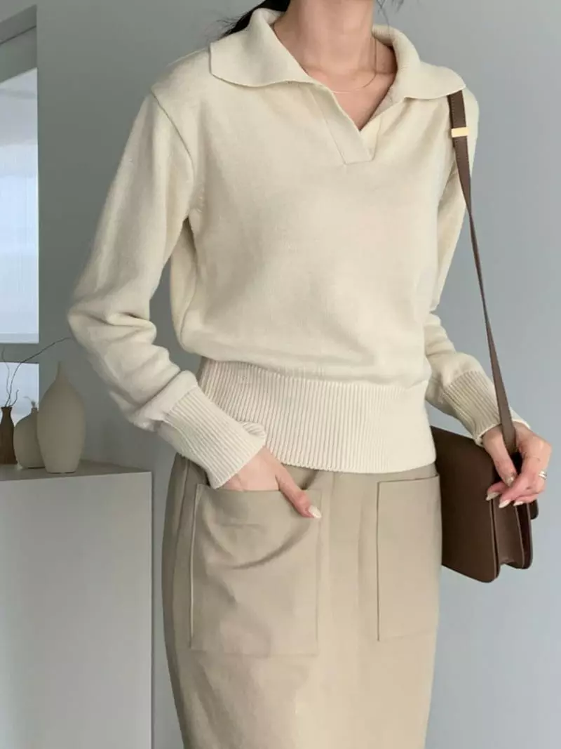 Baribari - Korean Women Fashion - #momslook - Obao Open Collar Knit Tee