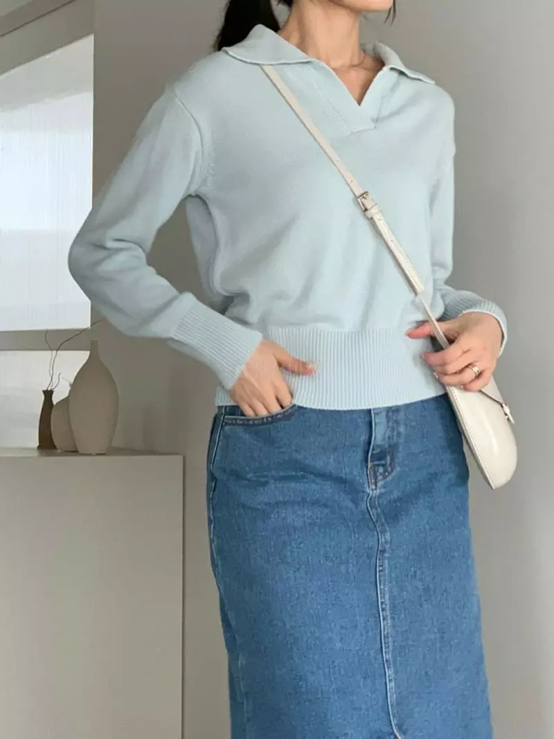 Baribari - Korean Women Fashion - #momslook - Obao Open Collar Knit Tee - 11