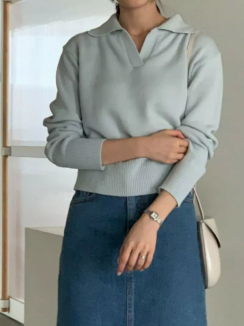 Baribari - Korean Women Fashion - #momslook - Obao Open Collar Knit Tee - 9
