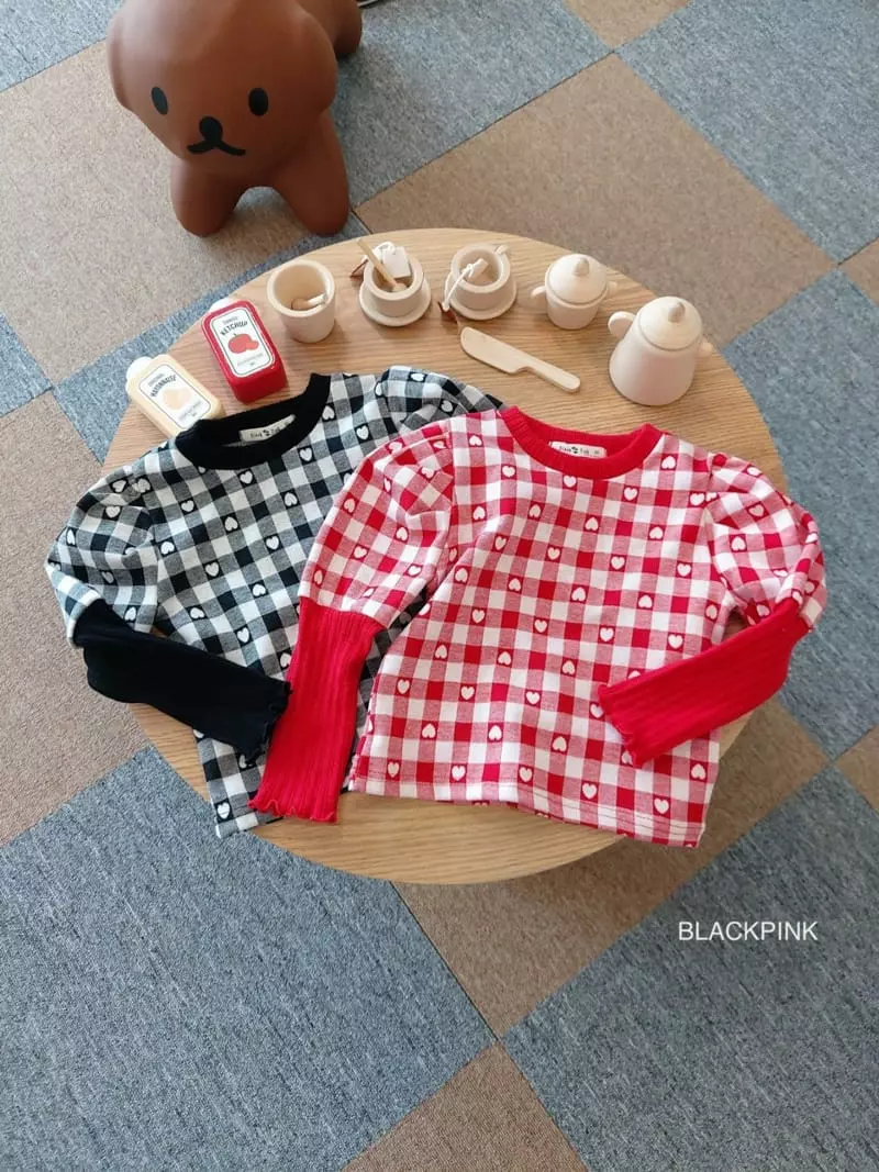 Black Pink - Korean Children Fashion - #minifashionista - Heart Check Puff Tee