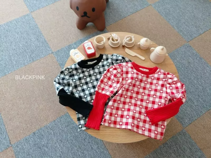 Black Pink - Korean Children Fashion - #prettylittlegirls - Heart Check Puff Tee - 2