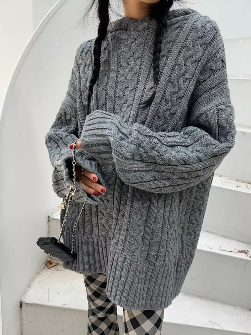 Bricklane - Korean Women Fashion - #momslook - Cable Hoody Knit Tee - 10