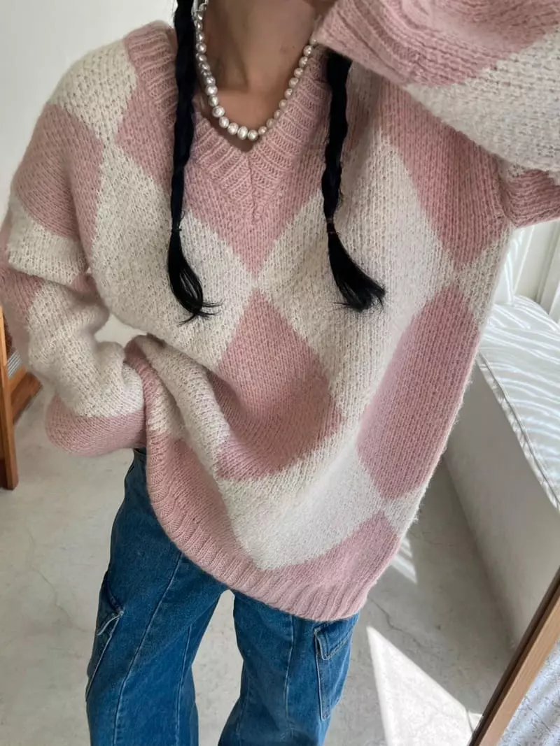 Bricklane - Korean Women Fashion - #momslook - Chess Knit Tee - 8