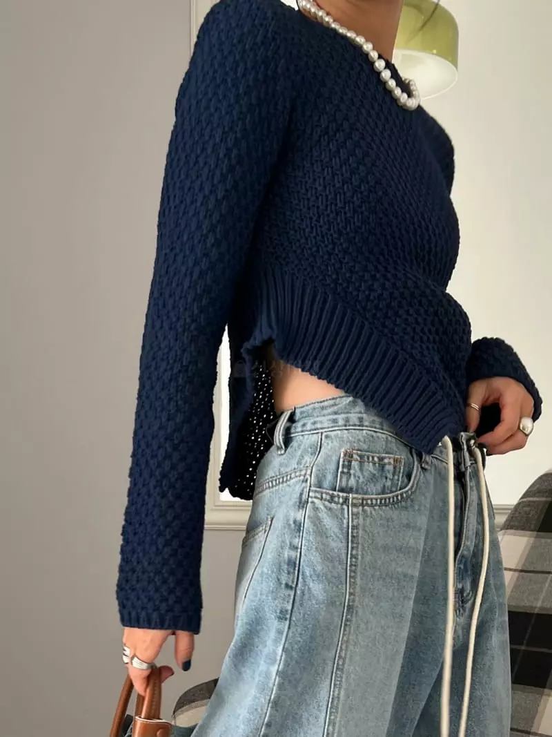Bricklane - Korean Women Fashion - #womensfashion - Waist Round Knit Tee - 5