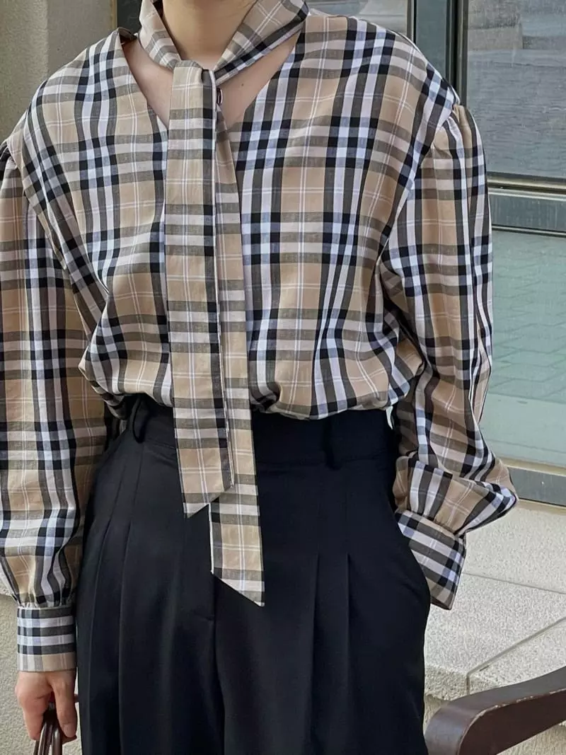 Buckle - Korean Women Fashion - #momslook - Check Tie Blouse - 5