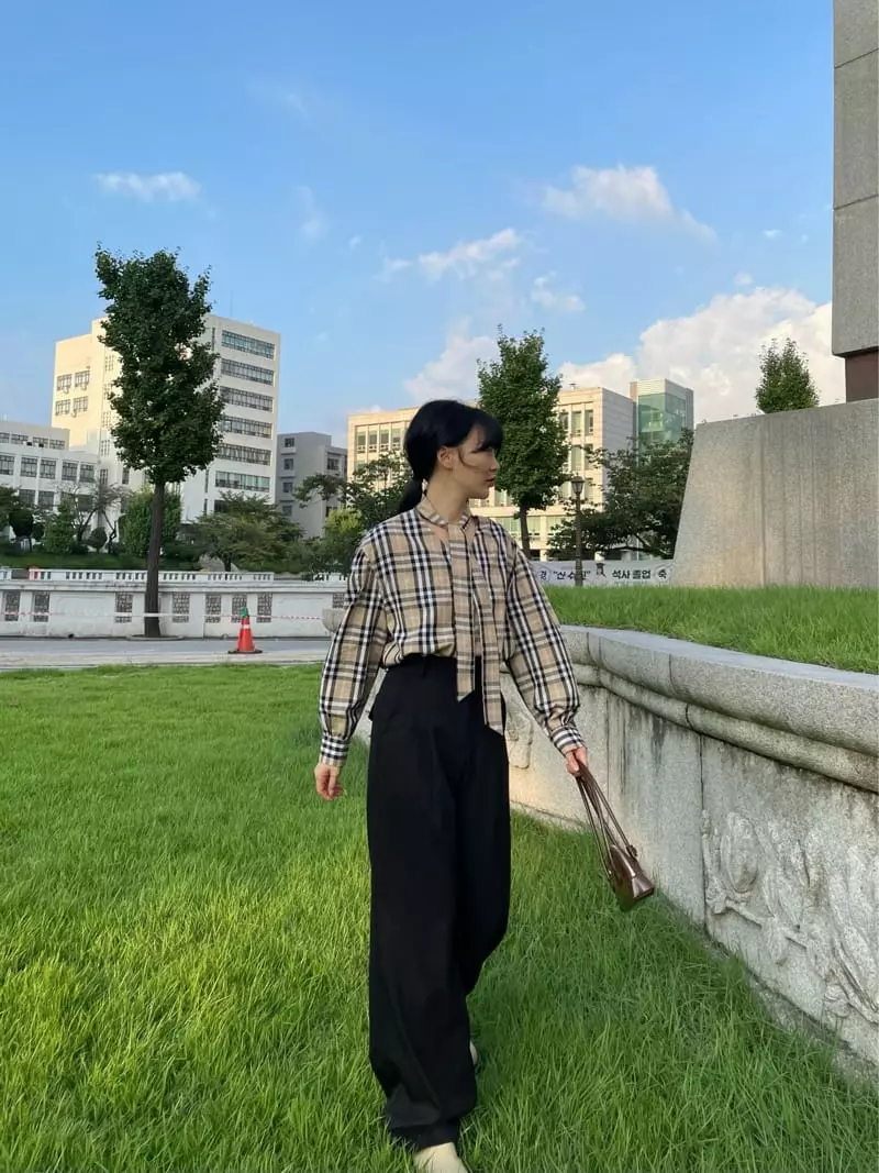 Buckle - Korean Women Fashion - #momslook - Check Tie Blouse - 9