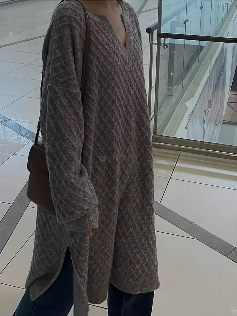 Buckle - Korean Women Fashion - #restrostyle - Waffle Long Knit Tee