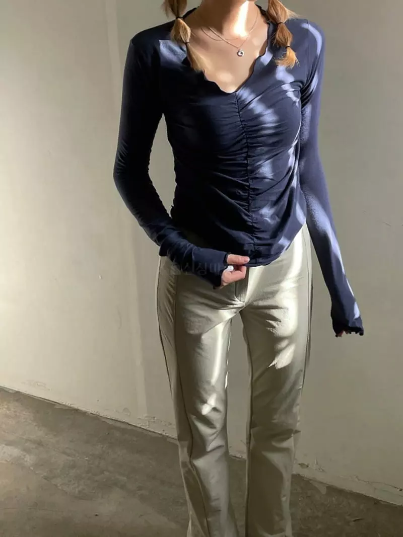 Buckle - Korean Women Fashion - #womensfashion - Shirring V Neck Tee - 12