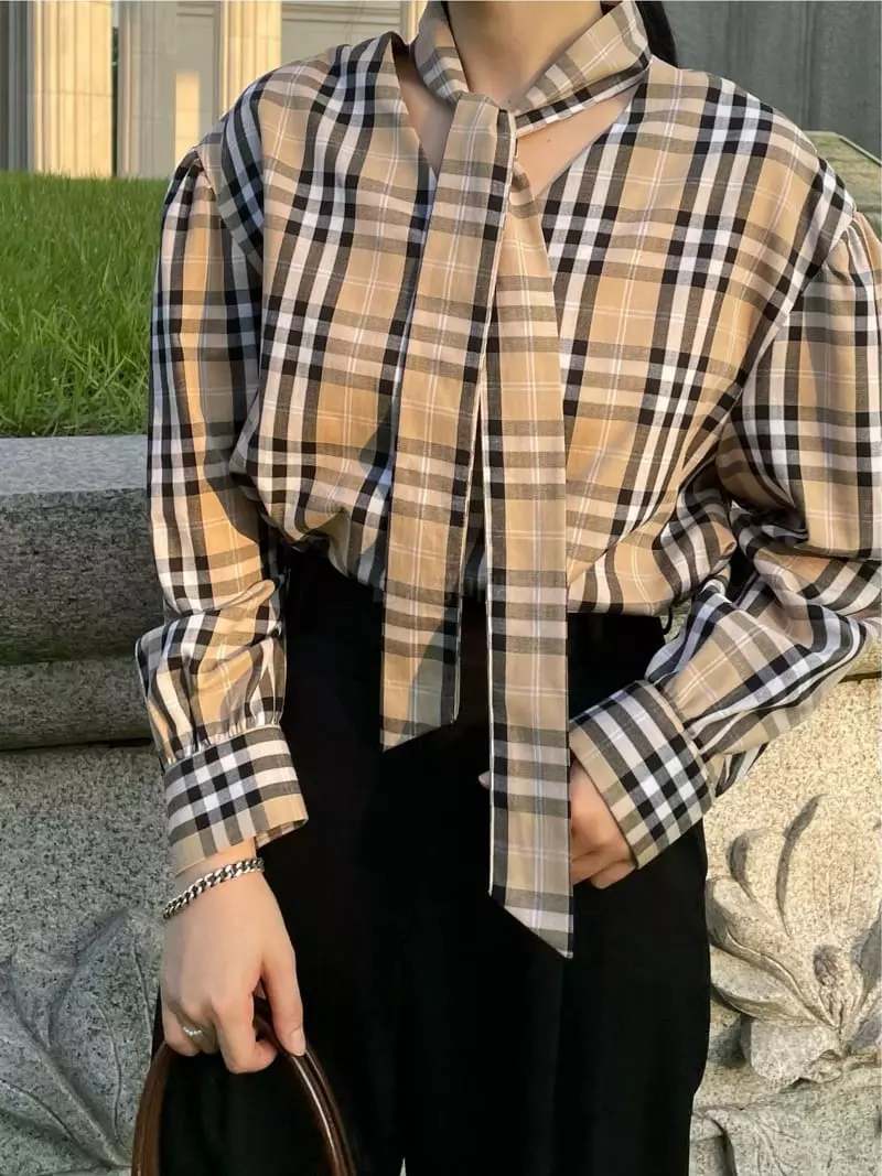 Buckle - Korean Women Fashion - #womensfashion - Check Tie Blouse - 12