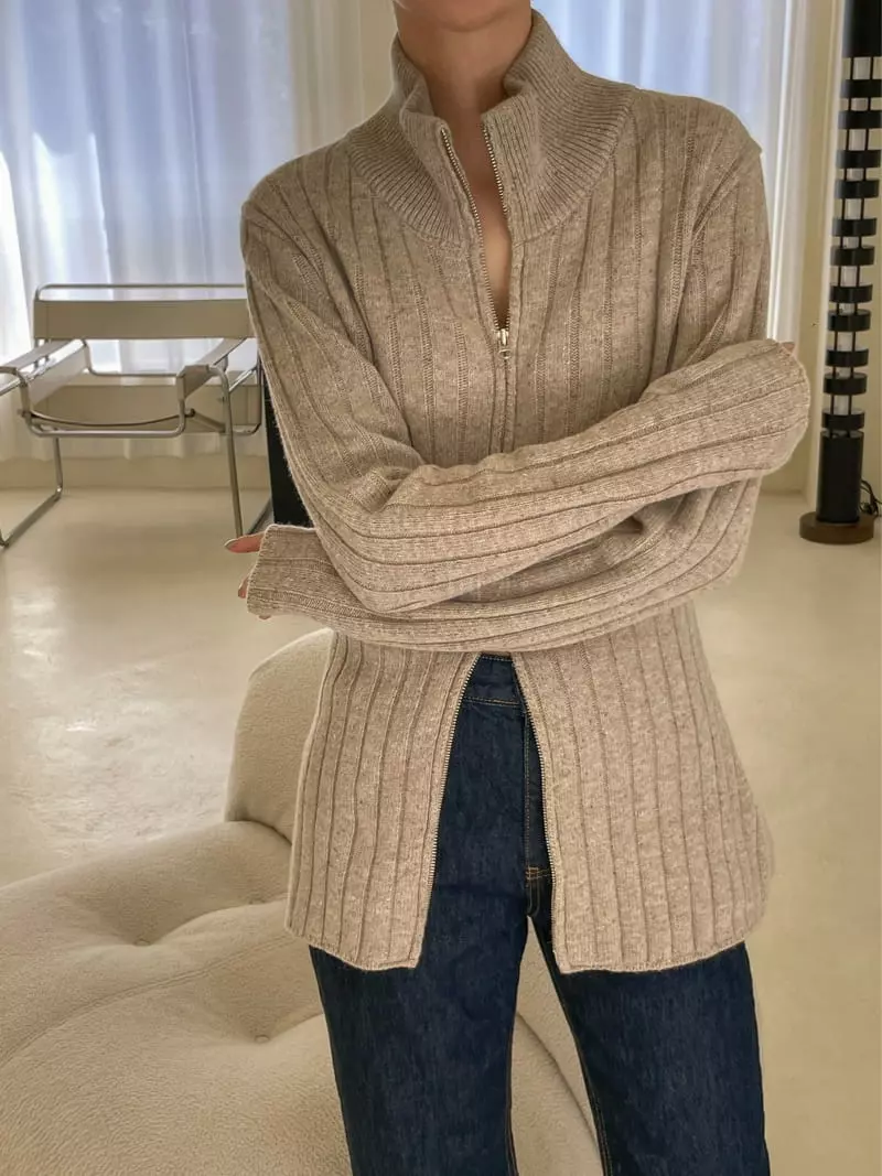 Dailyjud - Korean Women Fashion - #thelittlethings - Rib Zip UP Knit - 2