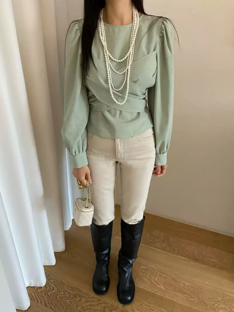 Duplo - Korean Women Fashion - #momslook - Puff Wrap Shirring Blouse - 6