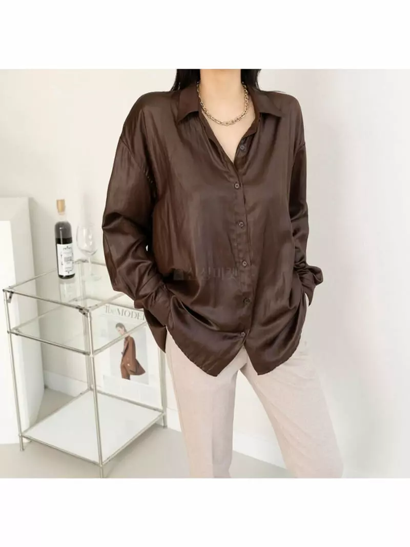 Enten - Korean Women Fashion - #thatsdarling - Silky Leather Shirt - 3