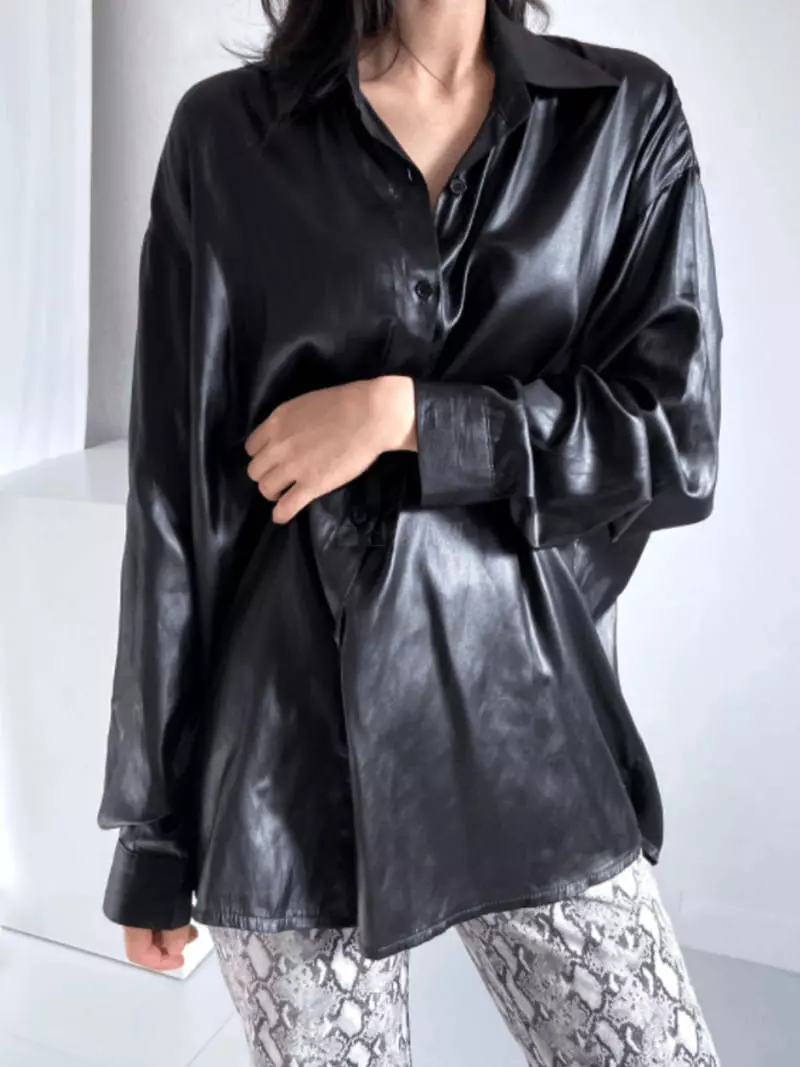 Enten - Korean Women Fashion - #thatsdarling - Silky Leather Shirt - 4