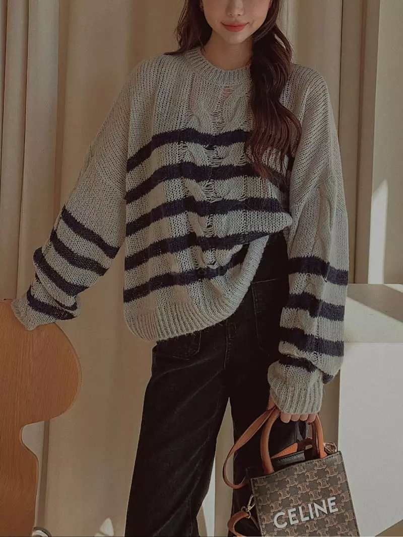 Fabric Seoul - Korean Women Fashion - #momslook - Alpaca Stripes Knit Tee - 2