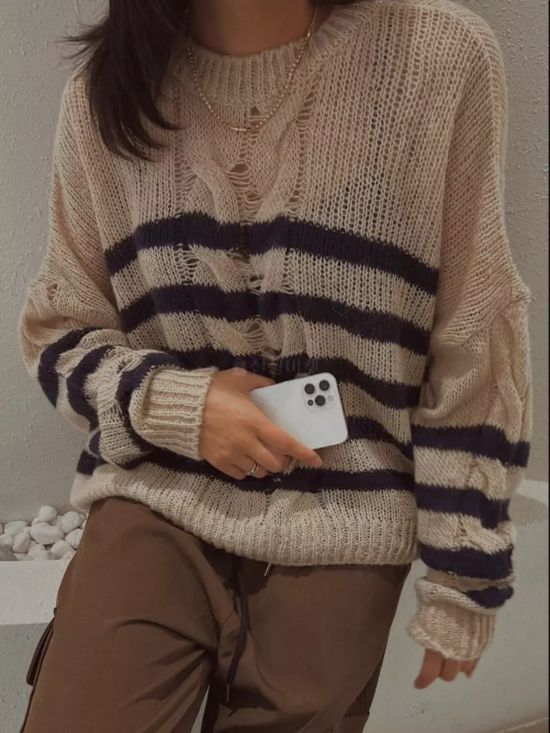 Fabric Seoul - Korean Women Fashion - #womensfashion - Alpaca Stripes Knit Tee - 4