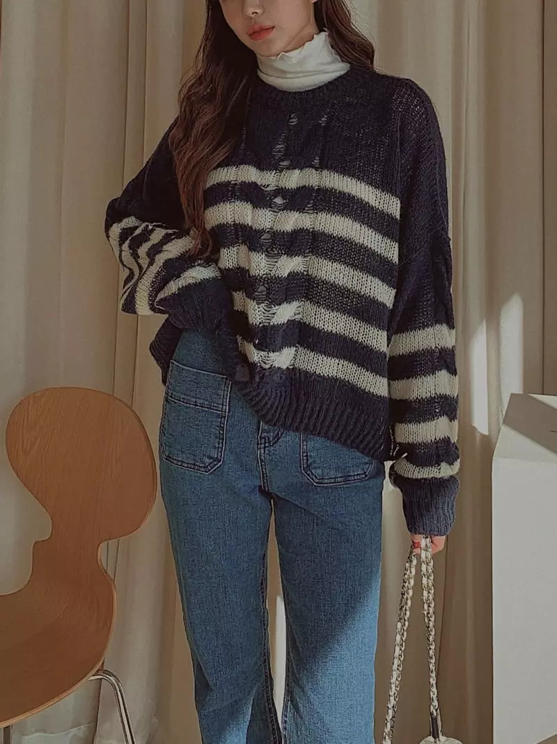 Fabric Seoul - Korean Women Fashion - #womensfashion - Alpaca Stripes Knit Tee - 3