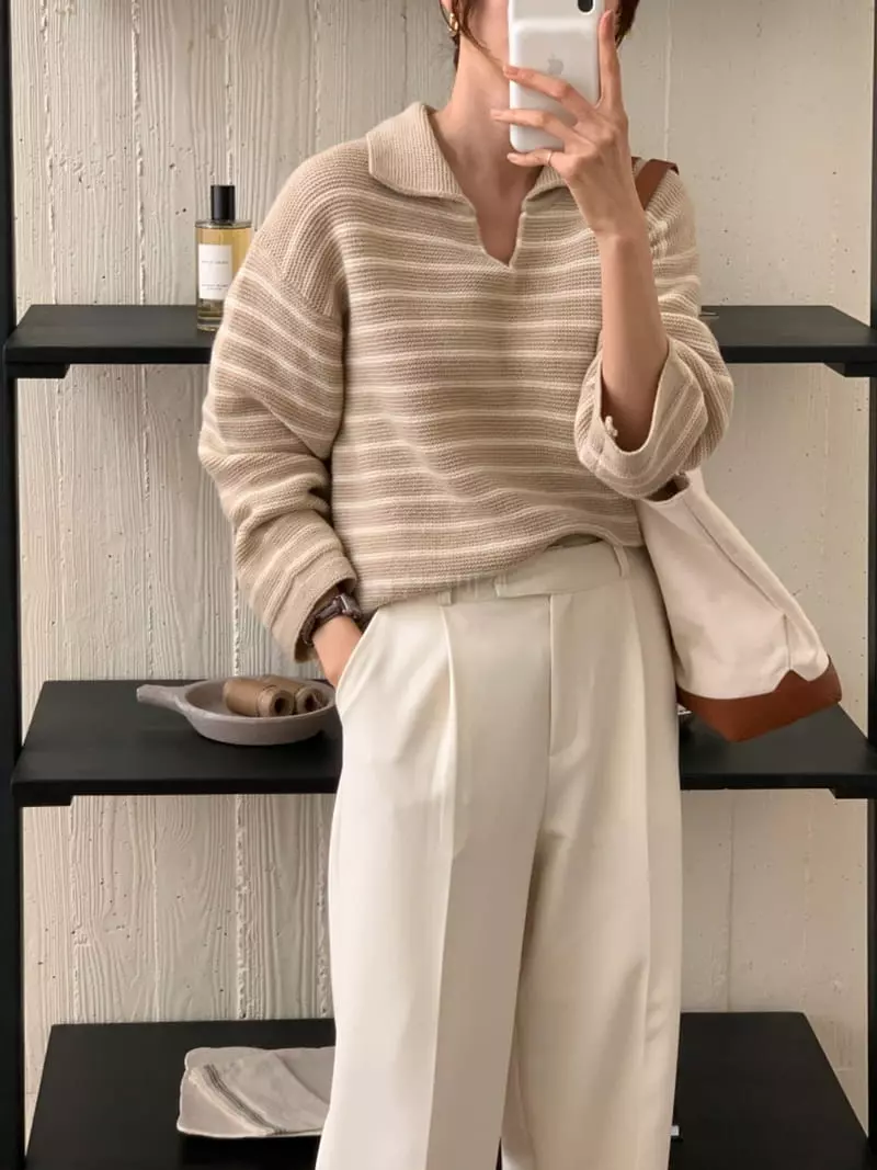 Ff - Korean Women Fashion - #romanticstyle - Selle Stripes Knit Tee - 11