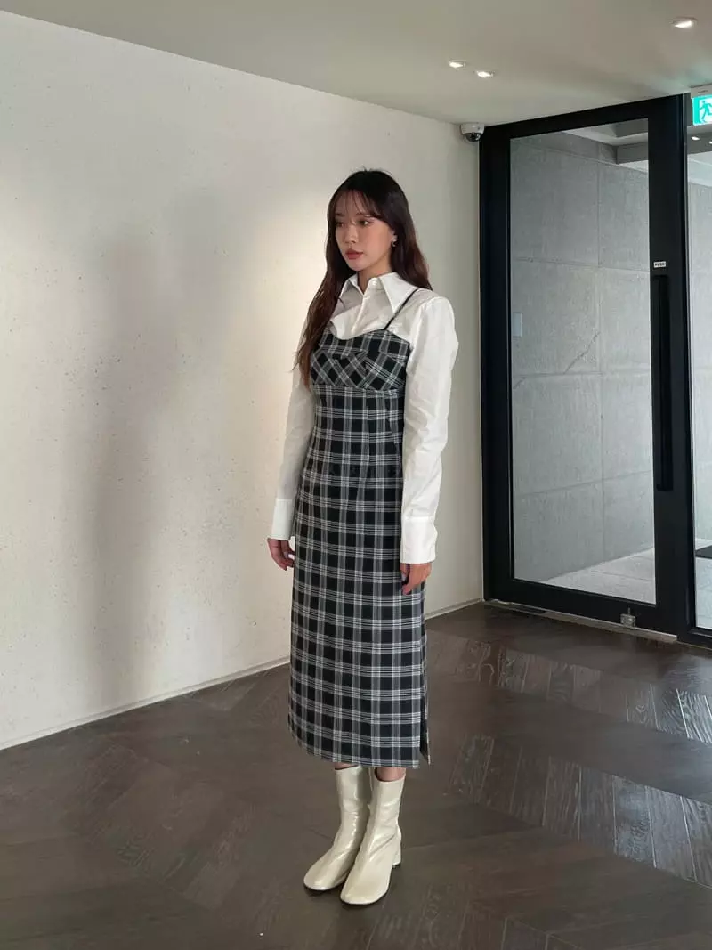 Four Eight - Korean Women Fashion - #momslook - Check Long One-piece - 2
