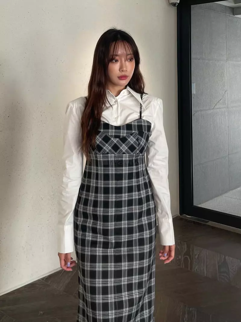 Four Eight - Korean Women Fashion - #womensfashion - Check Long One-piece - 4
