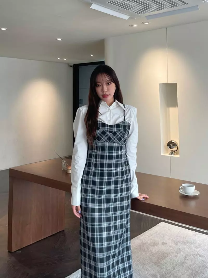 Four Eight - Korean Women Fashion - #momslook - Check Long One-piece - 6
