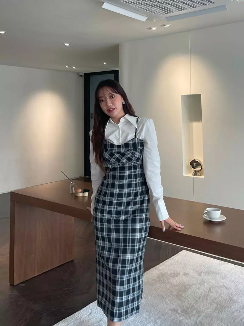 Four Eight - Korean Women Fashion - #momslook - Check Long One-piece - 7