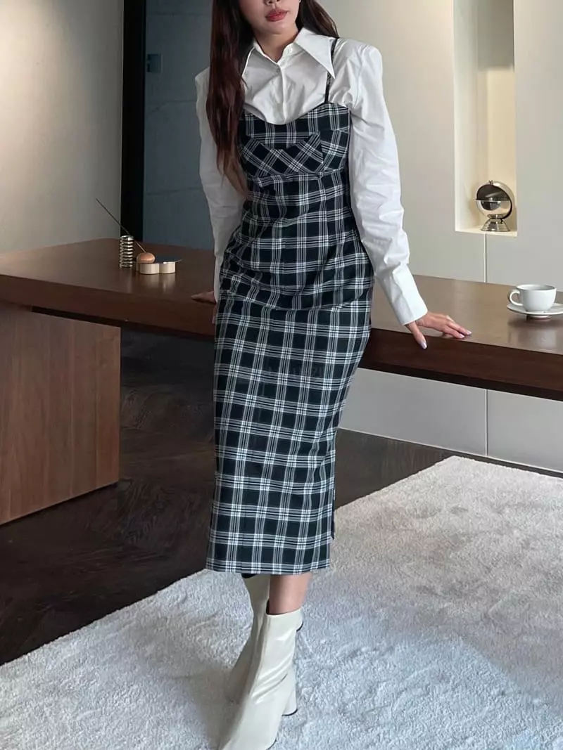 Four Eight - Korean Women Fashion - #momslook - Check Long One-piece - 8