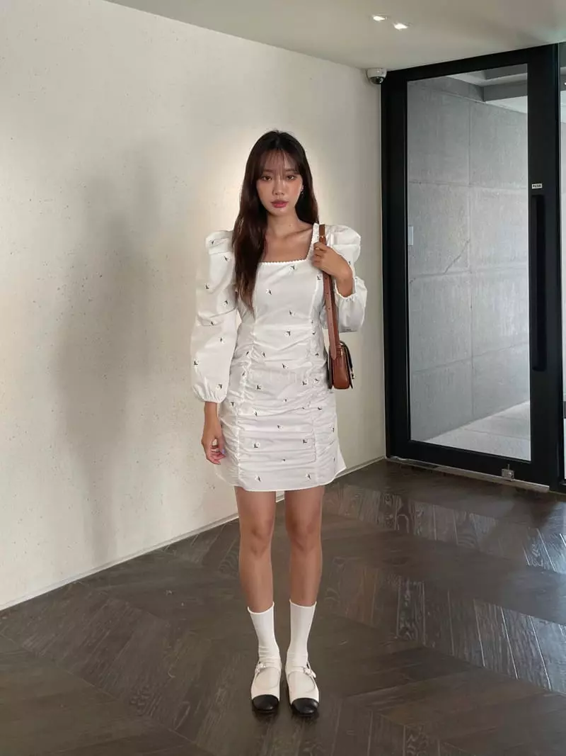 Four Eight - Korean Women Fashion - #momslook - Daisy Paint Shirring One-piece