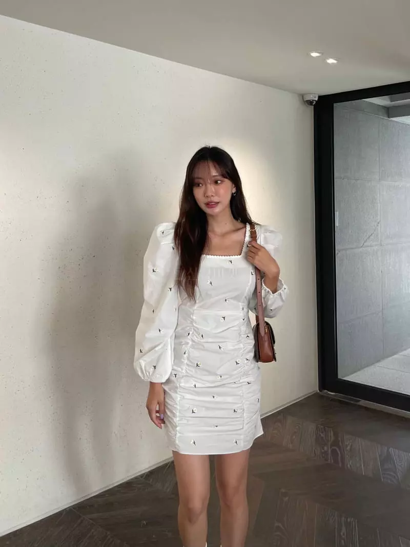 Four Eight - Korean Women Fashion - #momslook - Daisy Paint Shirring One-piece - 3