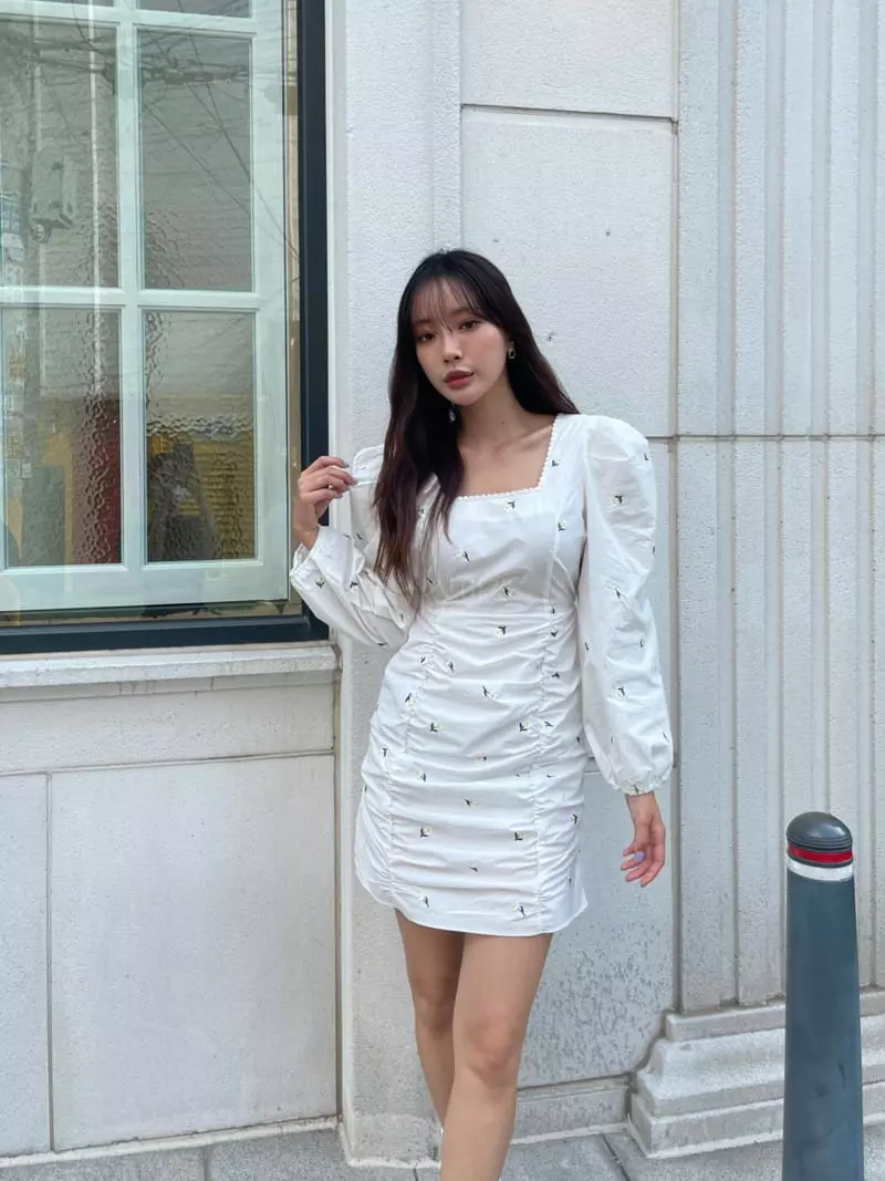 Four Eight - Korean Women Fashion - #momslook - Daisy Paint Shirring One-piece - 5