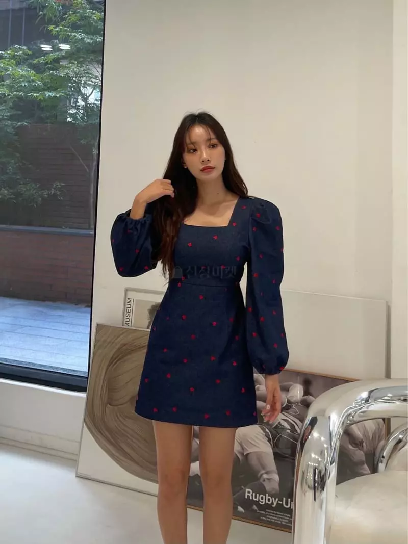 Four Eight - Korean Women Fashion - #womensfashion - Heart Embrodiery One-piece