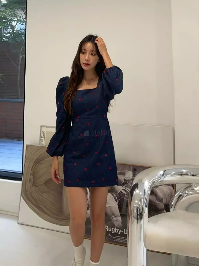 Four Eight - Korean Women Fashion - #womensfashion - Heart Embrodiery One-piece - 3