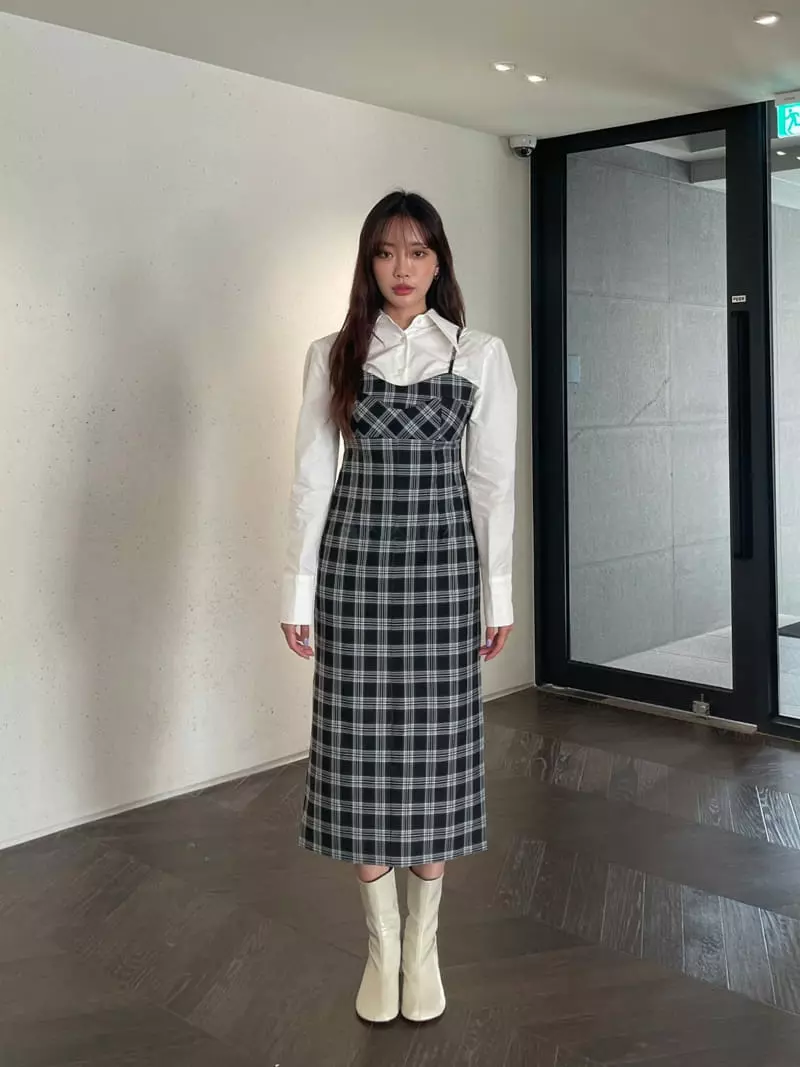 Four Eight - Korean Women Fashion - #womensfashion - Check Long One-piece