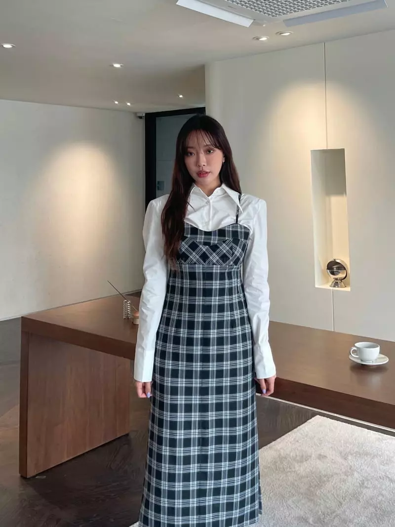 Four Eight - Korean Women Fashion - #womensfashion - Check Long One-piece - 5