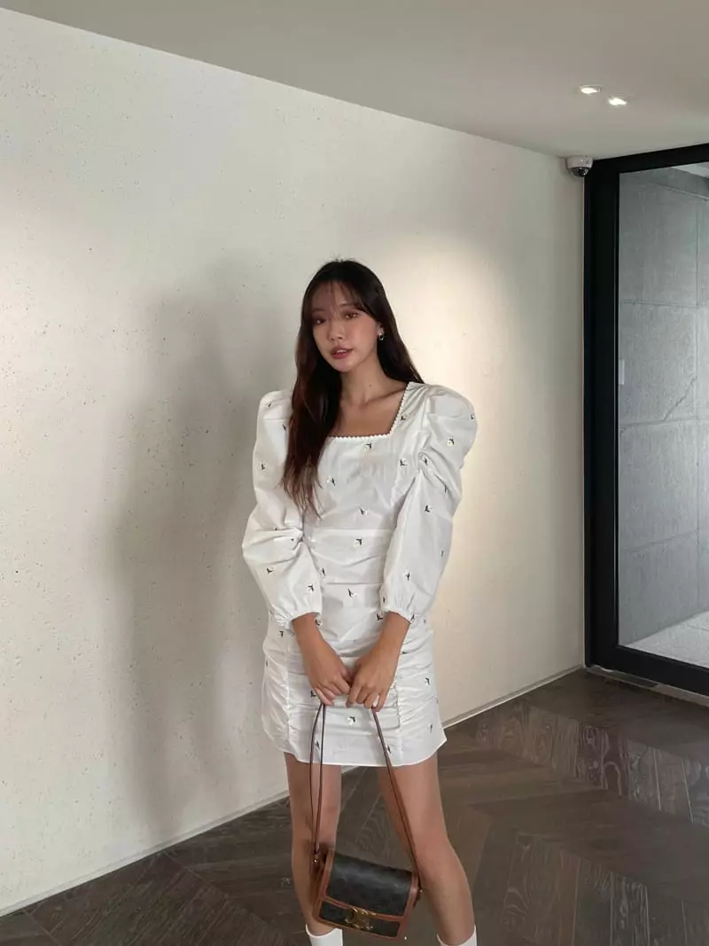 Four Eight - Korean Women Fashion - #momslook - Daisy Paint Shirring One-piece - 4