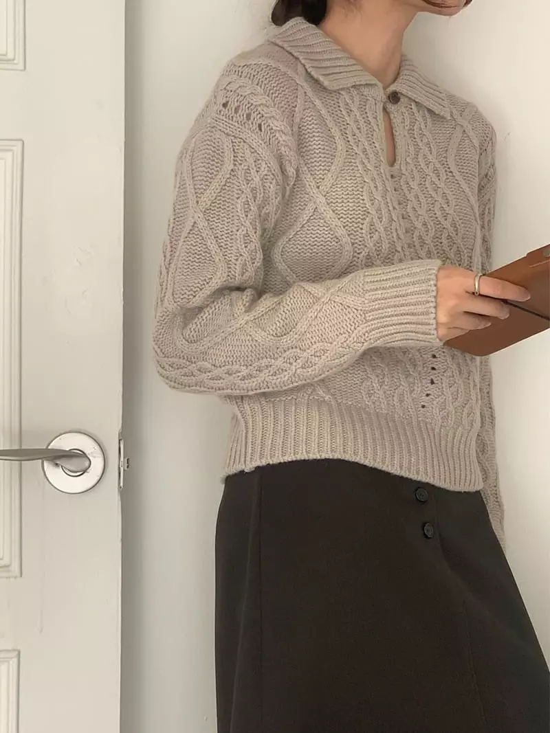Fre - Korean Women Fashion - #womensfashion - Cable Button Knit Tee - 4