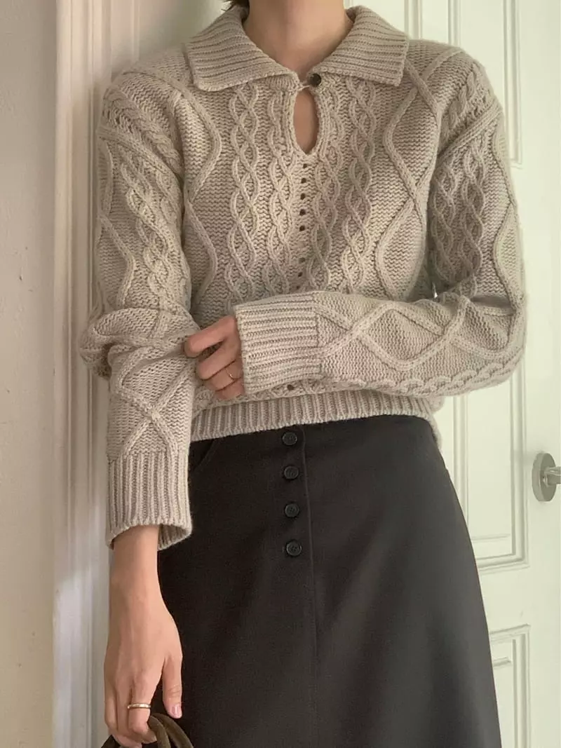 Fre - Korean Women Fashion - #womensfashion - Cable Button Knit Tee - 5