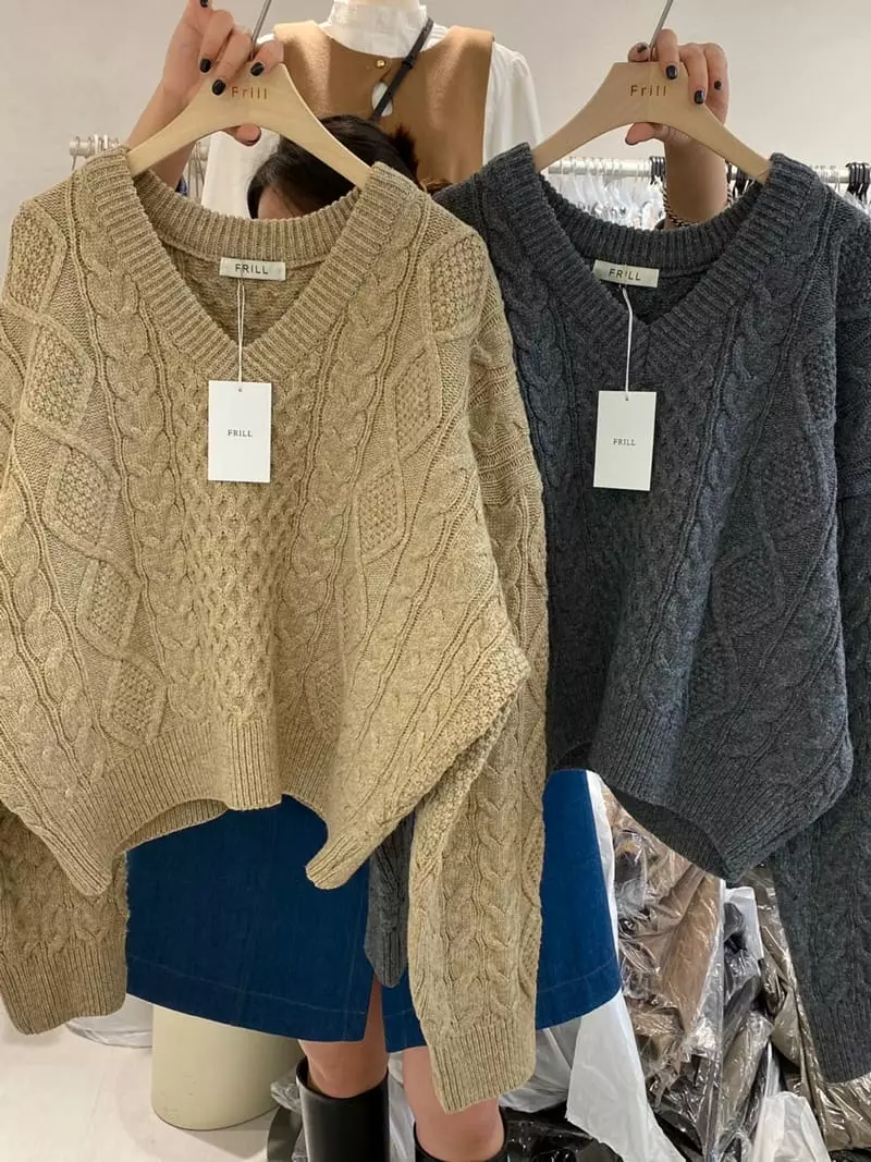 Frill - Korean Women Fashion - #momslook - Twist V Neck Knit Tee - 10