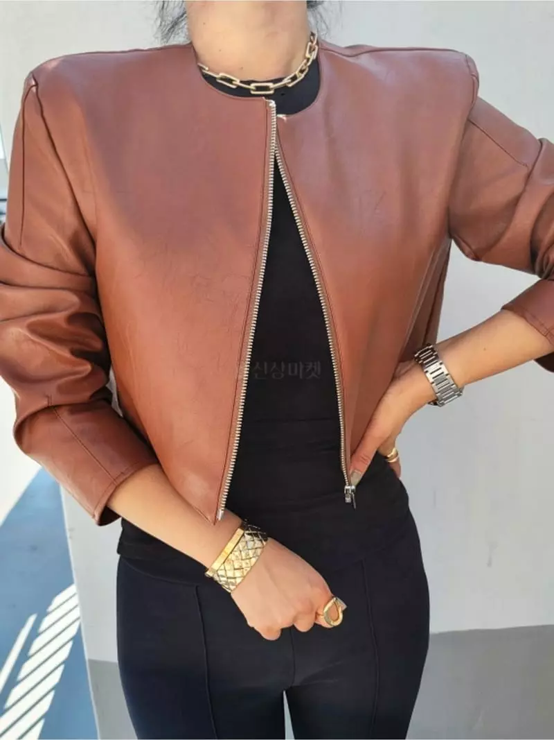 Gratia - Korean Women Fashion - #momslook - Crew Leather Jacket