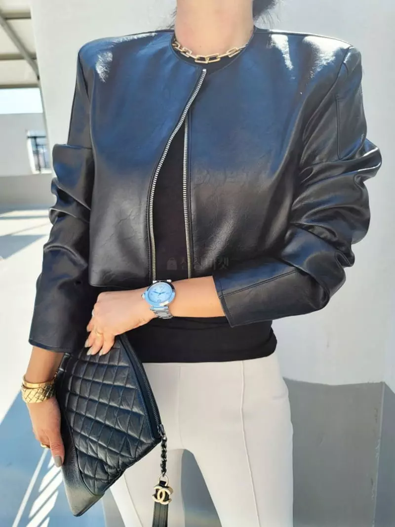 Gratia - Korean Women Fashion - #vintageinspired - Crew Leather Jacket - 11