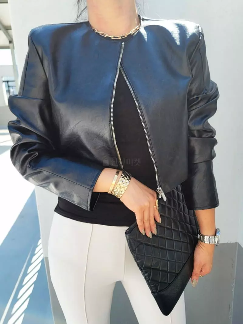 Gratia - Korean Women Fashion - #vintagekidsstyle - Crew Leather Jacket - 12